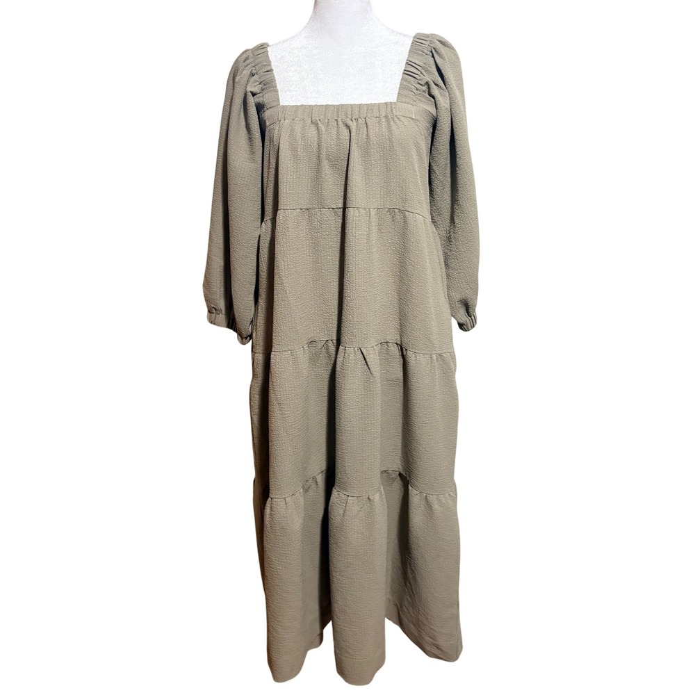 Grade & Gather Tiered Midi Dress  Size S Taupe Excellent Puff Sleeve